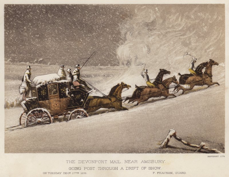 Devonport-posten, nära Amsbury, går post genom en driva av snö (färg litho) av English School