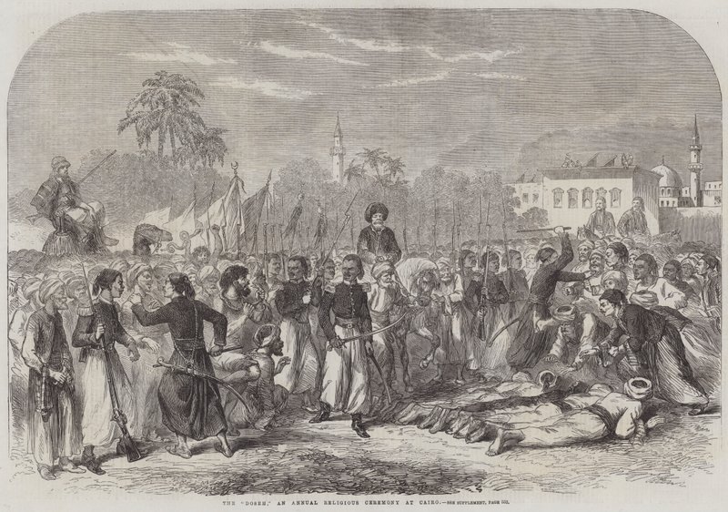 "Doseh", en årlig religiös ceremoni i Kairo (gravyr) av English School