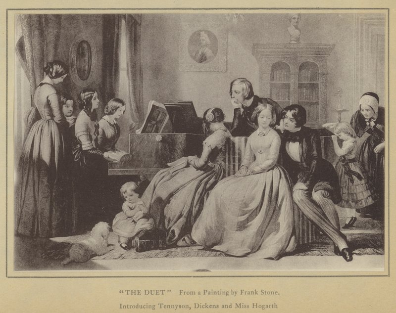 Duetten, från en målning av Frank Stone, introducerar Tennyson, Dickens och Miss Hogarth (litho) av English School