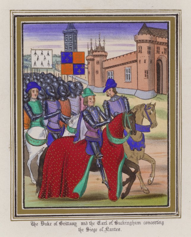 Hertigen av Bretagne och jarlen av Buckingham i konsert med Siege of Nantes (färgad gravyr) av English School