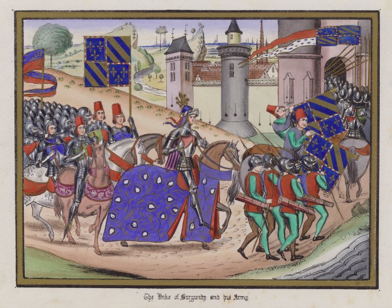 Hertigen av Bourgogne och hans armé (färgad gravyr) av English School