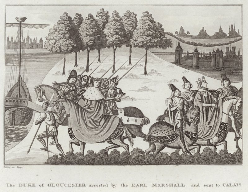 Hertigen av Gloucester arresterades av Earl Marshall och skickades till Calais av English School