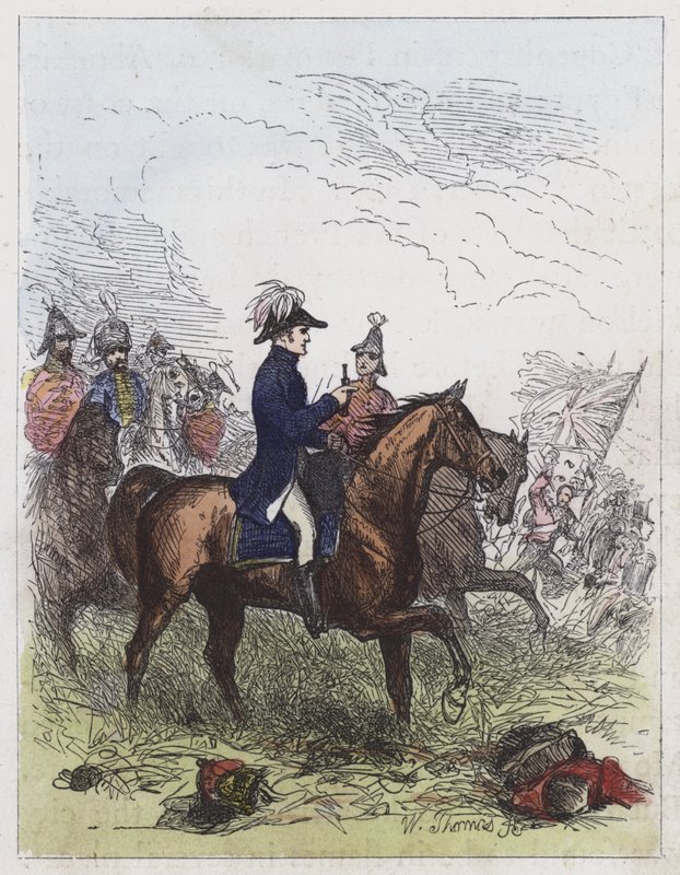 Hertigen av Wellington vid Waterloo (färgad gravyr) av English School