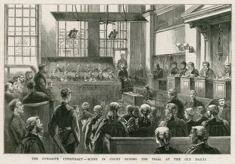 The Dynamite Conspiracy, scen i rätten under rättegången vid Old Bailey av English School
