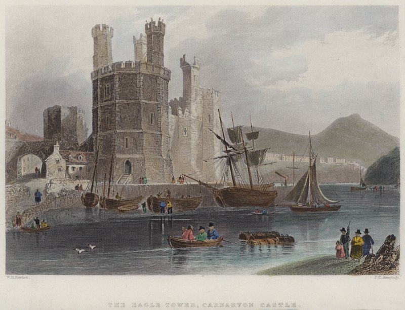 Eagle Tower, Carnarvon Castle (färgad gravyr) av English School