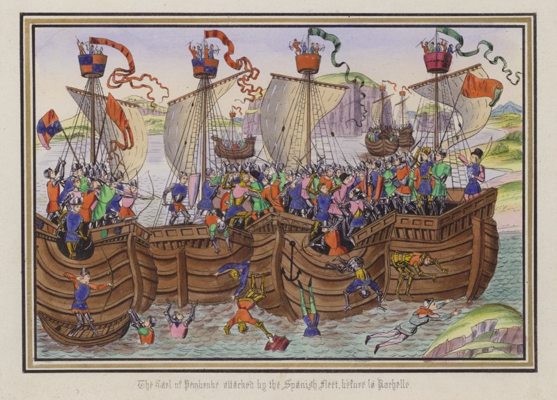 Jarlen av Pembroke attackerades av den spanska flottan, före La Rochelle (färgad gravyr) av English School