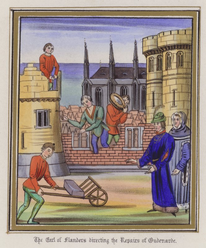 Jarlen av Flandern leder reparationerna av Oudenarde (färgad gravyr) av English School