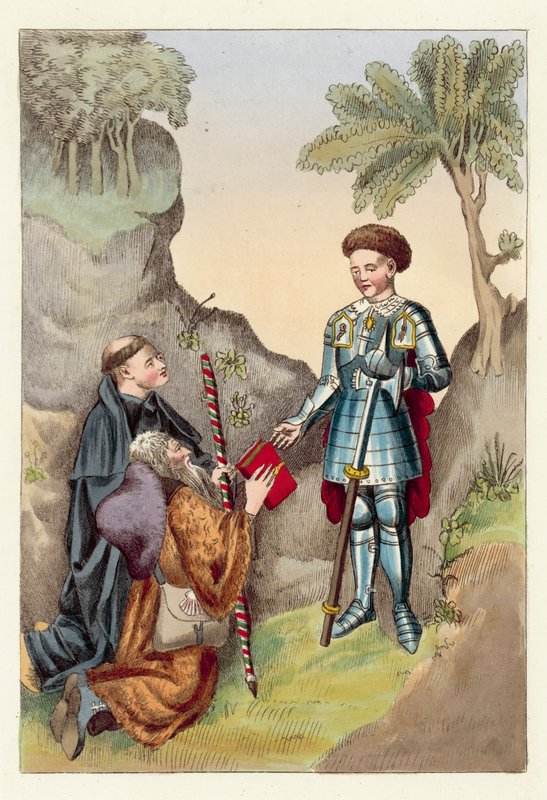 Earlen av Salisbury och John Lydgate (färgad gravyr) av English School