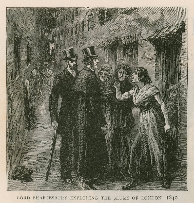 Earlen av Shaftesbury; utforska slummen i London, 1840 av English School