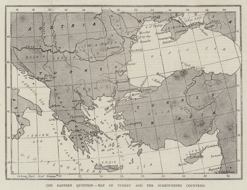 Den östliga frågan, karta över Turkiet och de omgivande länderna (gravyr) av English School