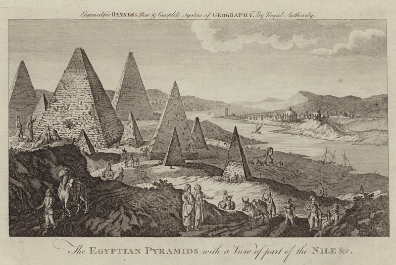 De egyptiska pyramiderna med utsikt över en del av Nilen av English School