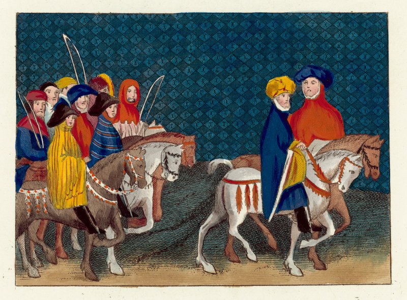 Kung Richard II:s ambassad skickas till hertigen av Lancaster (färgad gravyr) av English School