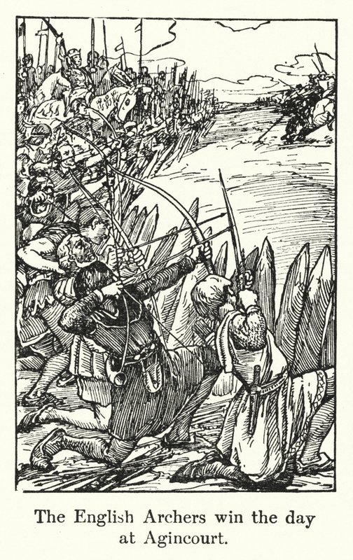 De engelska bågskyttarna vinner dagen på Agincourt (litho) av English School