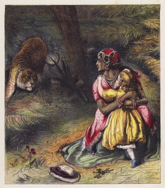 Den engelska flickan och hennes Ayah (färglitografi) av English School