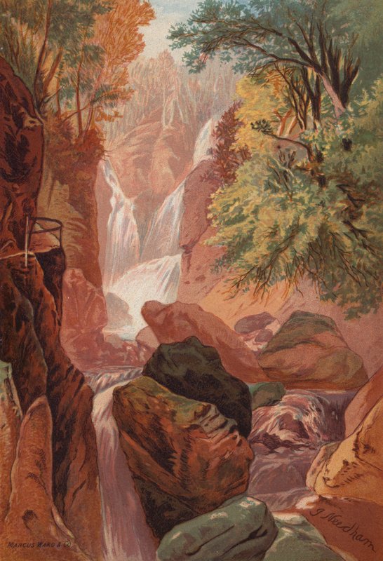 The English Lakes, Stock Gill Force (färg litho) av English School