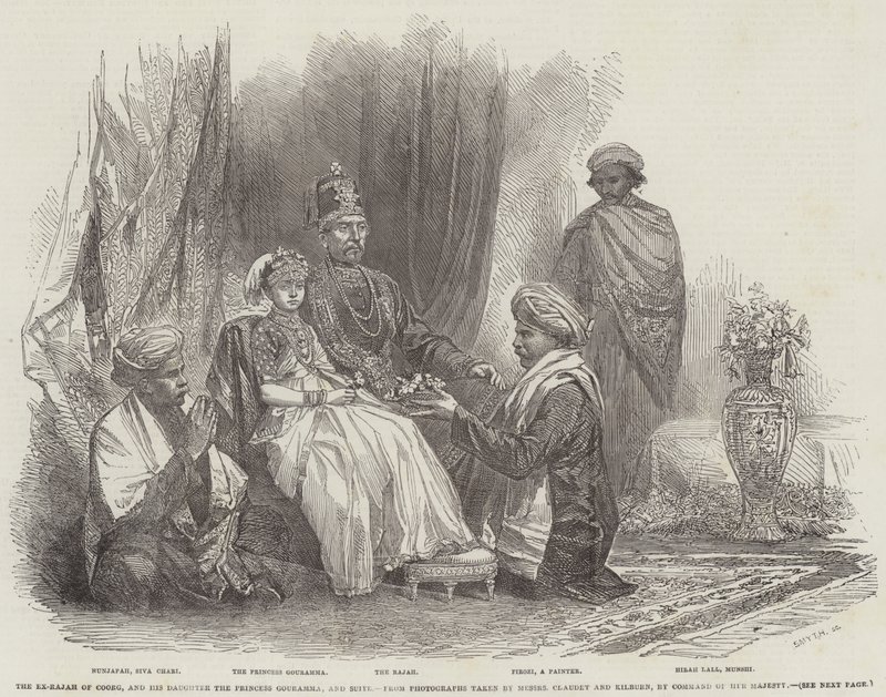 Ex-Rajah av Coorg och hans dotter prinsessan Gouramma och svit (gravyr) av English School