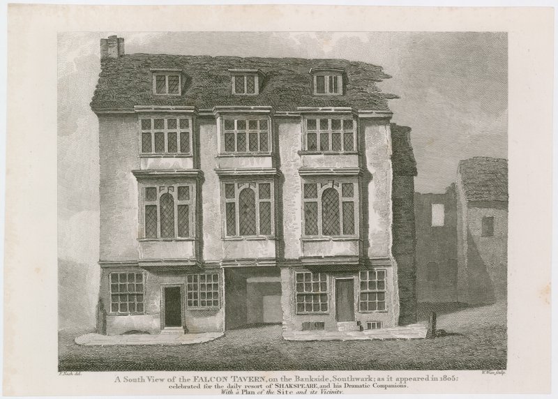 Falcon Tavern på Bankside, Southwark. Som det såg ut 1805 av English School