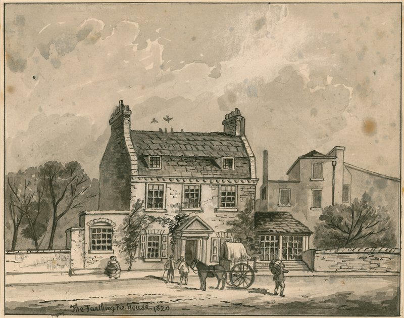The Farthing Pie House, London, originalritning daterad 1820 (wc på papper) av English School