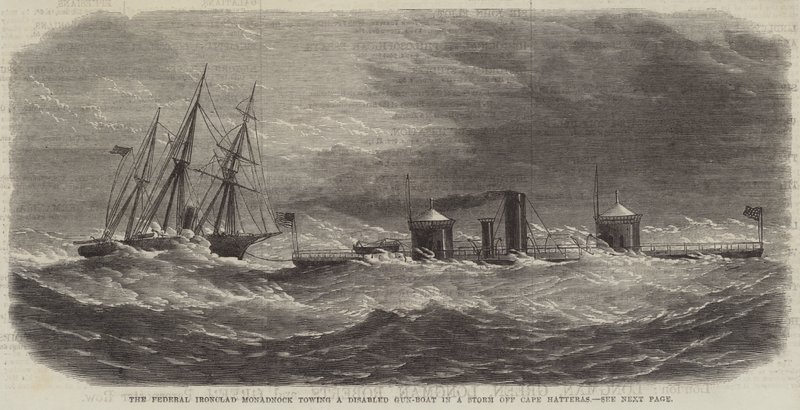 Federal Ironclad Monadnock bogserar en handikappad vapenbåt i en storm utanför Cape Hatteras (gravyr) av English School
