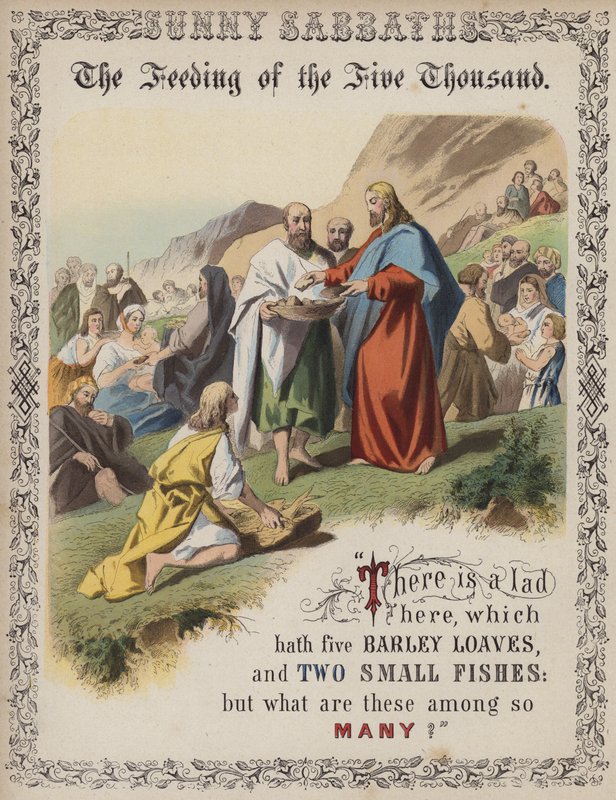 The Feeding of the Five Thousand (färgad gravyr) av English School