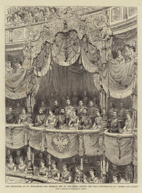 Festligheterna i St Petersburg, Imperial Box på Operan under galaföreställningen "Romeo och Julia" (gravyr) av English School