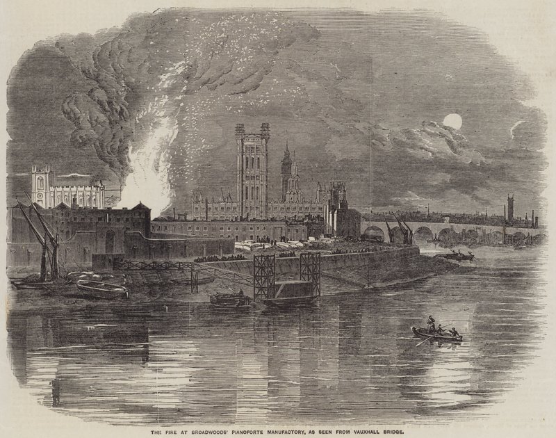 Elden vid Broadwoods Pianoforte Manufactory, sett från Vauxhall Bridge (gravyr) av English School