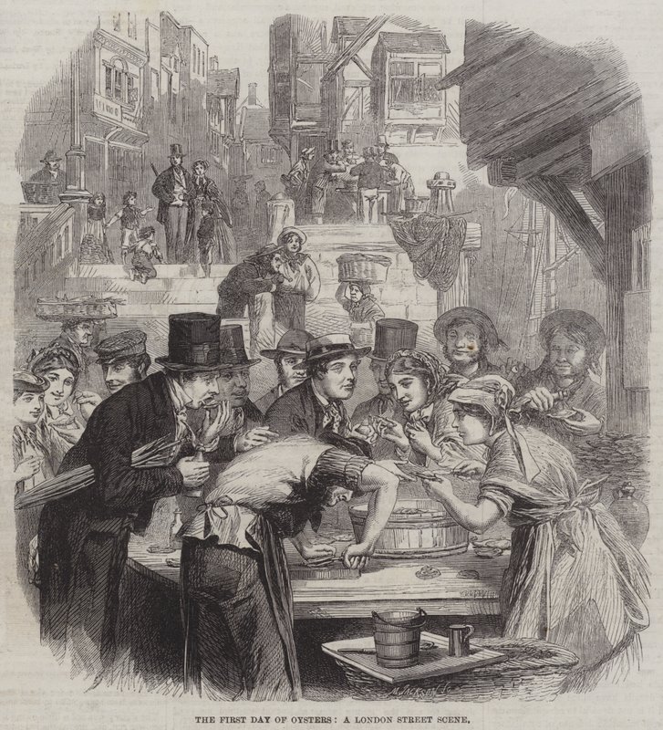 The First Day of Oysters, en London Street Scene (gravyr) av English School
