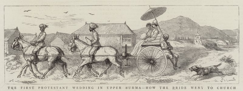 Det första protestantiska bröllopet i övre Burma, hur bruden gick till kyrkan (gravyr) av English School