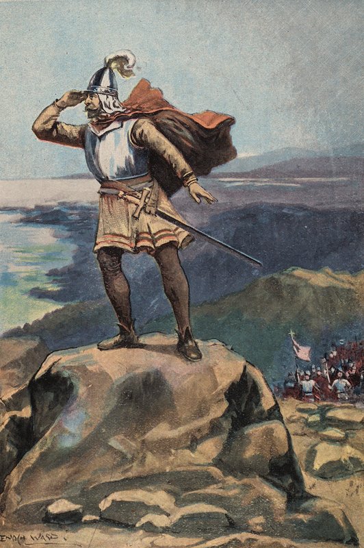 Den första anblicken av Stilla havet (färg litho) av English School