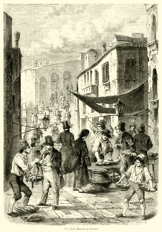 Fiskmarknaden i Venedig (gravyr) av English School