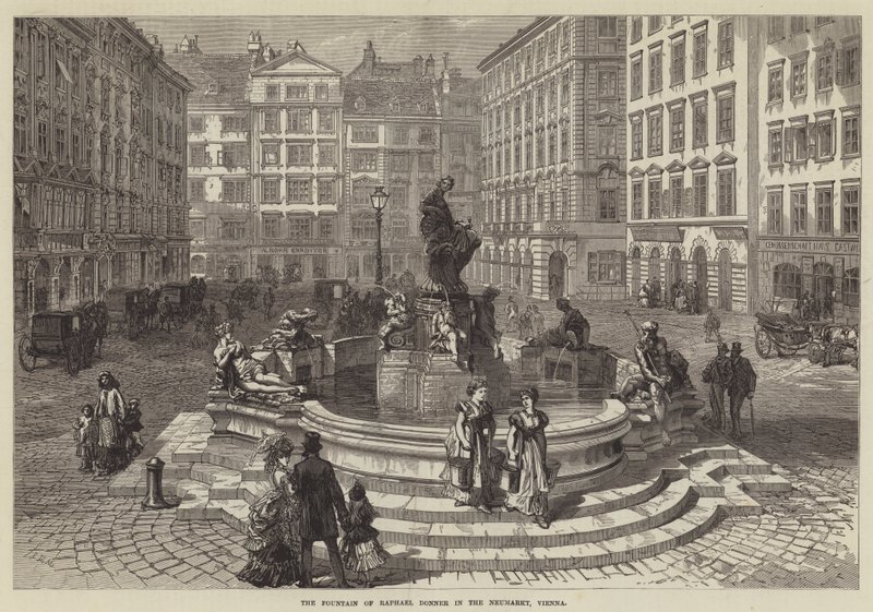 Raphael Donners fontän i Neumarkt, Wien (gravyr) av English School
