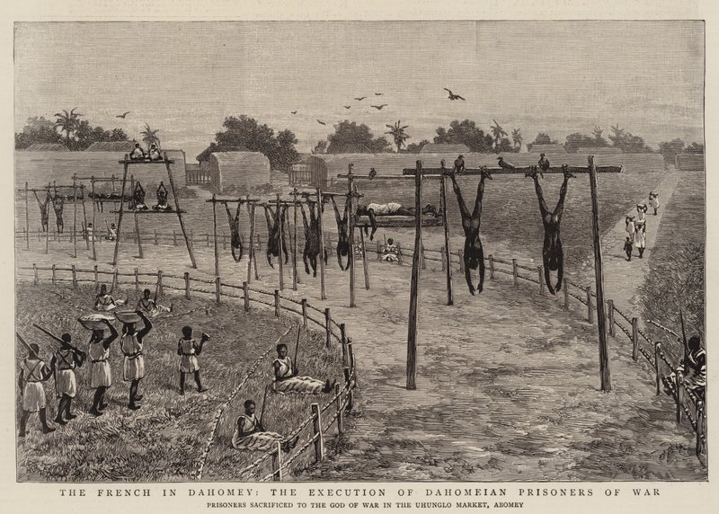 Fransmännen i Dahomey, avrättningen av Dahomeianska krigsfångar (gravyr) av English School