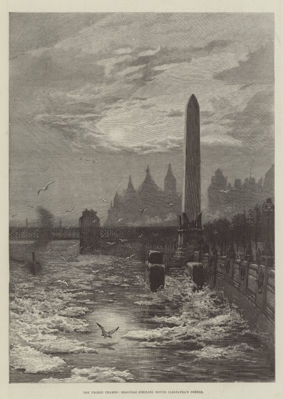 The Frozen Thames, måsar som cirklar runt Cleopatras nål (gravyr) av English School