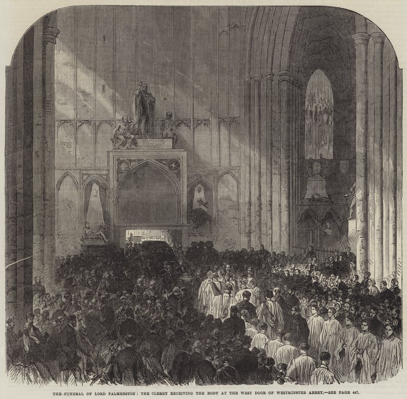 Lord Palmerstons begravning, prästerskapet tar emot kroppen vid Westminster Abbey West Door (gravyr) av English School