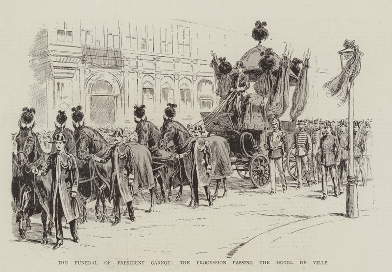 President Carnots begravning, processionen som passerar Hotel de Ville (litho) av English School