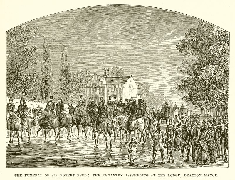 The Funeral of Sir Robert Peel: The Tenantry Assembling at the Lodge, Drayton Manor av English School