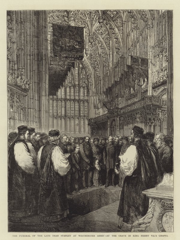 Den framlidne dekanus Stanleys begravning i Westminster Abbey, vid graven i kung Henry VII:s kapell (gravyr) av English School