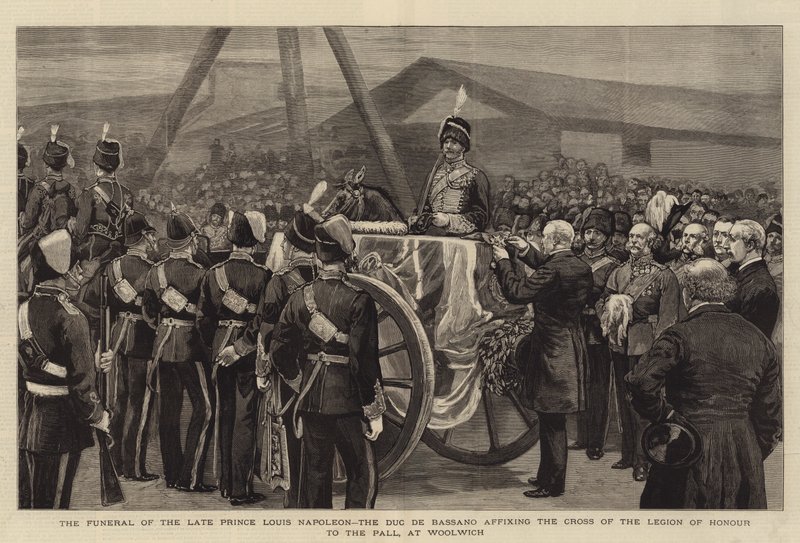 Begravningen av framlidne prins Louis Napoleon, hertigen de Bassano, fästande av Hederslegionens kors på Pallen, i Woolwich (gravyr) av English School