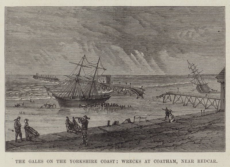 The Gales on the Yorkshire Coast, Wrecks at Coatham, near Redcar (gravyr) av English School