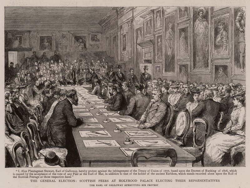 Det allmänna valet, skotska kamrater vid Holyrood Palace väljer sina representanter (gravyr) av English School