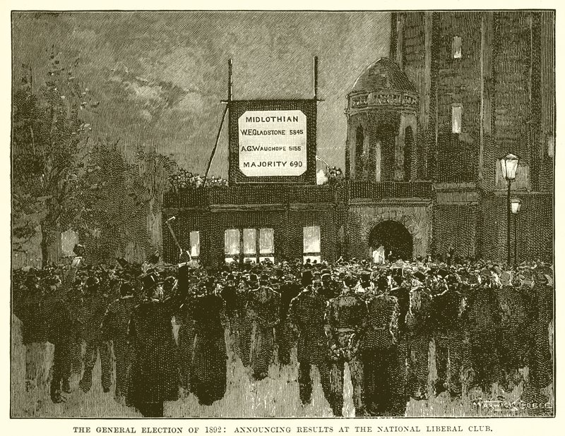 Det allmänna valet 1892: Tillkännage resultat vid National Liberal Club av English School