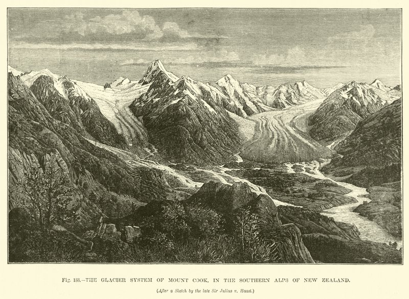 Glaciärsystemet i Mount Cook, i Nya Zeelands södra alper av English School