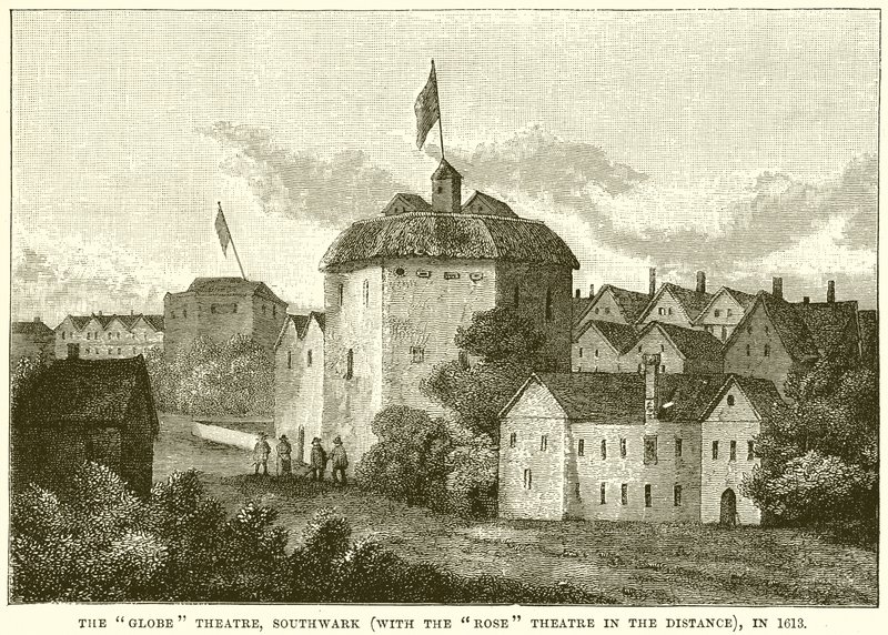 The Globe Theatre, Southwark (Med Rose Theatre in the Distance), 1613 av English School