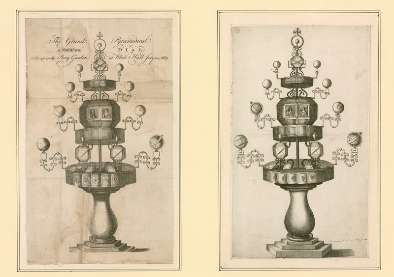The Grand Pyramidical and Multiform Dial satt upp i Privy Garden i Whitehall, 24 juli 1669 av English School
