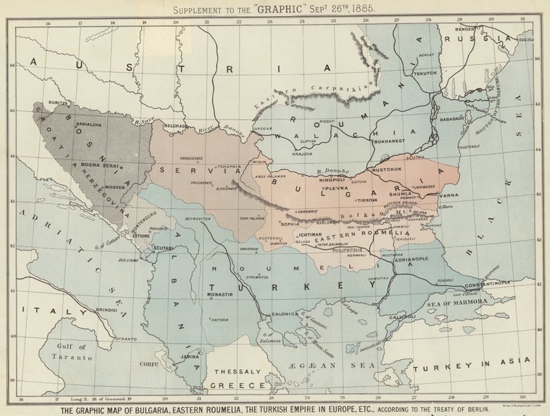 Den grafiska kartan över Bulgarien, östra Roumelia, det turkiska imperiet i Europa av English School