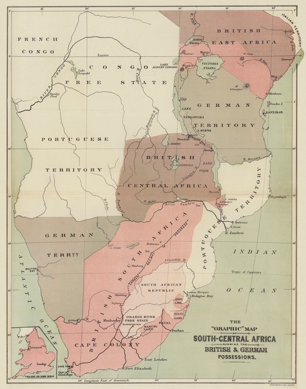 Den grafiska kartan över Syd-Centralafrika som visar de brittiska och tyska besittningarna (färg litho) av English School