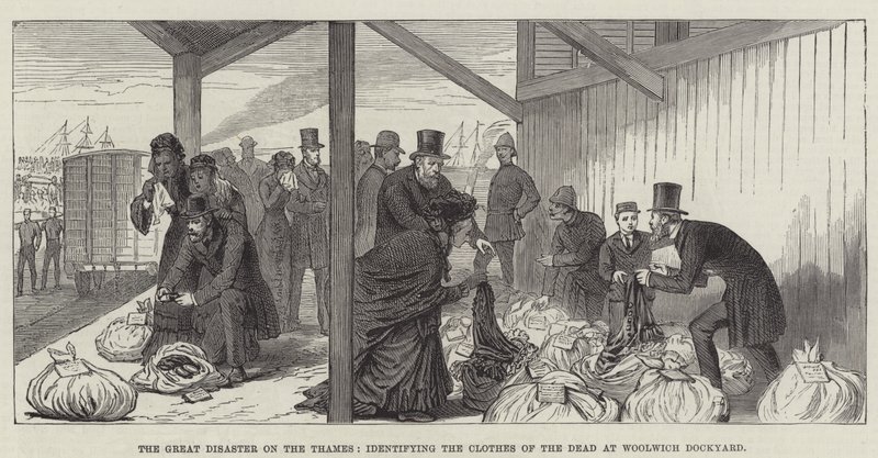 Den stora katastrofen på Themsen, identifierar de dödas kläder på Woolwich Dockyard (gravyr) av English School