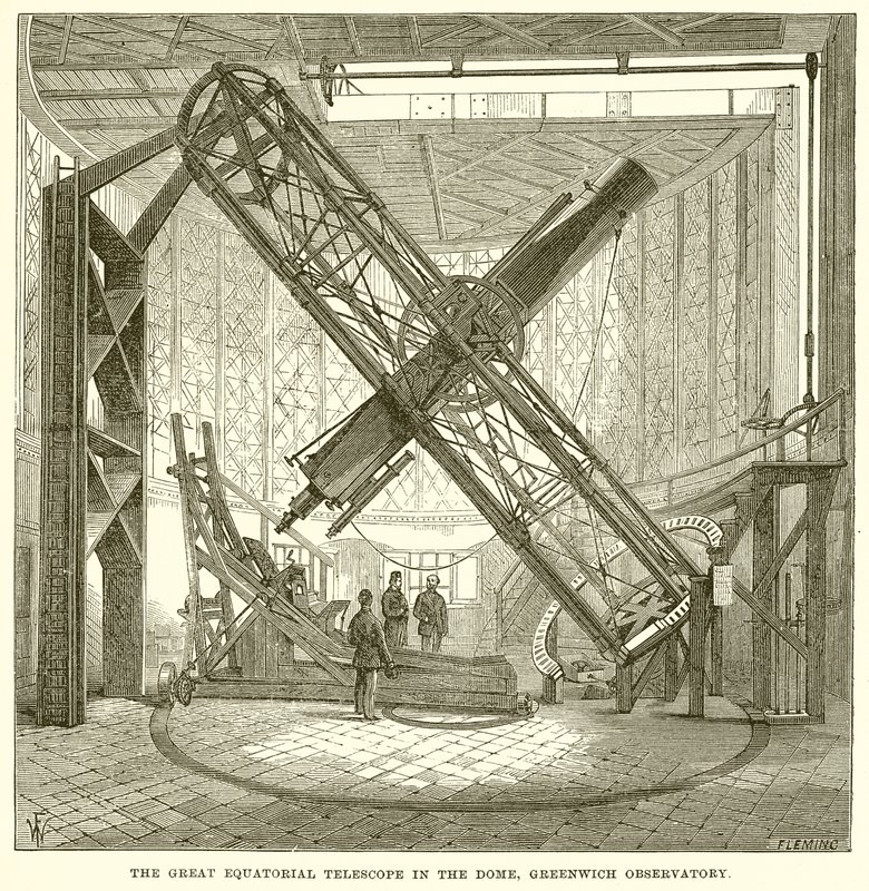 Det stora ekvatorialteleskopet i kupolen, Greenwich Observatory av English School
