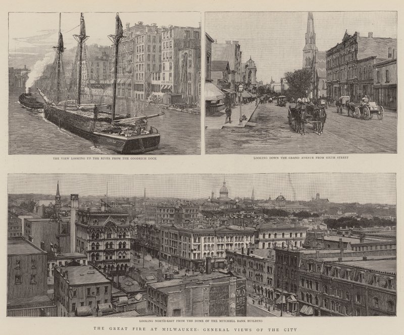 The Great Fire at Milwaukee, General Views of the City (gravyr) av English School