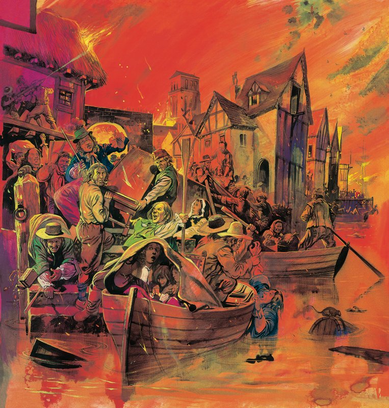 The Great Fire of London (gouache på papper) av English School